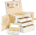 Homde 2 IN 1 Jewelry Box for Women Girls with Small Travel Case Mirror Necklace Ring Earrings Organizer(White + Gold)
