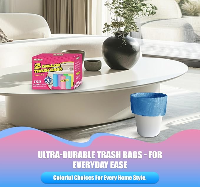 T.FORING Mini Trash Bags 2 Gallon - 150 Count Small Garbage Bags Unscented,7.5 Liter Colored Plastic Trash Can Liners,Thick Waste Basket Liners for Bathroom Home and Office