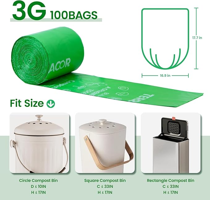 TERRACOR 3 Gallon Compostable Trash Bags, 100 Bags Compost Bags for Countertop Bin, BPI Certified and Meet The ASTM D6400 Standard
