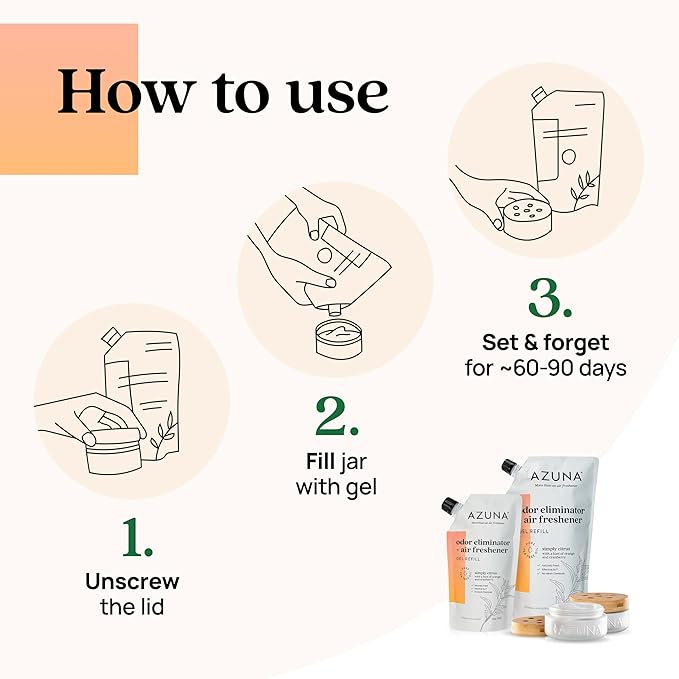 Azuna Air Freshener and Odor Eliminator for Strong Odor Gel 12oz Refill Pouch | Plant-Based & Long Lasting | Pet, Smoke, Home and Bathroom | Simply Citrus | Lasts 60–90 Days