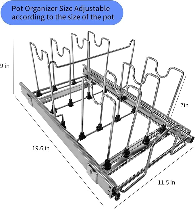 STORKING Pots and Pans Pull Out Organizer Under Cabinet, Adjustable Slide Out Pan and Pot Lid Rack Holder, Wire Dividers Kitchen Organization And Storage, Full-Extension Rail 12" W X 20" D