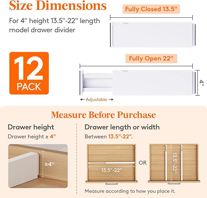 Lifewit 12 Pack Drawer Dividers Plastic 4" High, 13.5-22" Adjustable Drawer Organizers for Clothes, Expandable Dresser Separators in Bedroom/Bathroom/Kitchen/Fridge/Office Organization and Storage