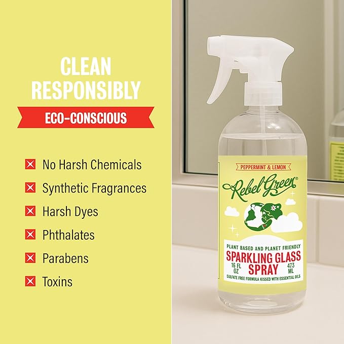 Rebel Green Sparkling Glass Spray - Streak-Free Natural Glass Cleaner for Windows, Mirrors, and Surfaces - Peppermint & Lemon Scent - 80 oz - 2 Pack
