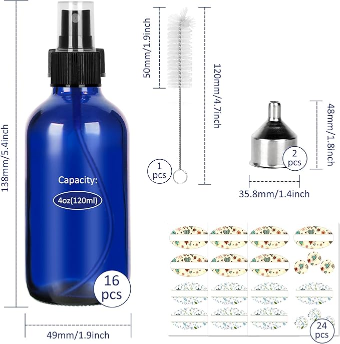 CycleMore 120ml 16 Pack 4oz Blue Glass Spray Bottles with Fine Mist Sprayers, Glass Travel Bottles for Cosmetic, Essential Oils, Cleaning Solutions, Perfumes & More Liquids Ideal for Friends