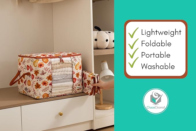 Canvas Storage Bags Designer Organizer 2 Pack – Seasonal Storage for Sweaters, Blankets, Linens & Garments – Foldable Design with Zip & Window, Moth-Proof Space Saver, Autumn Print