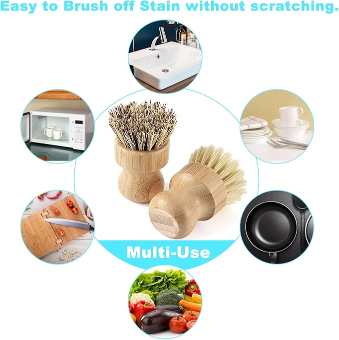 Aisuly Bamboo Dish Brush Set, 2 Pcs Palm Wooden Dish Scrubber Brush, Dish Brushes, Durable Wood Dishes Scrub Brush, Natural Round Vegetable Cleaning Pots Pans Sink Washing Kitchen Brush