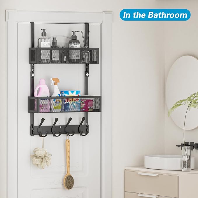 Aimeaihe Over The Door Hooks Organizer, Door Hanger Towel Rack with 2 Baskets, Adjustable Over The Door Coat Rack, Back of Door Storage for Bedroom, Kitchen, Bathroom (Black)