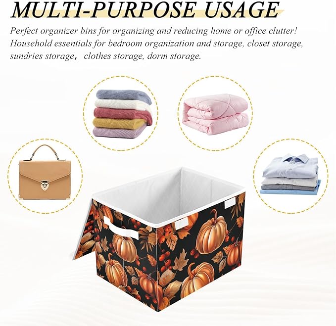 Thanksgiving Baskets Collapsible Storage Bins with Lids, Autumn Pattern Pumpkins Storage Boxes Clothes Baskets for Organizing