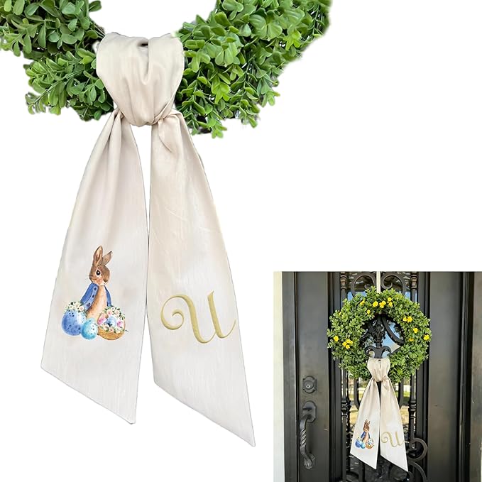 Rabbit Easter Wreath Bow Custom Embroidered Monogram Spring Bunny Wreath Sash for Front Door Hand Tailored Easter Decorations Spring Bows for Wreaths (U)