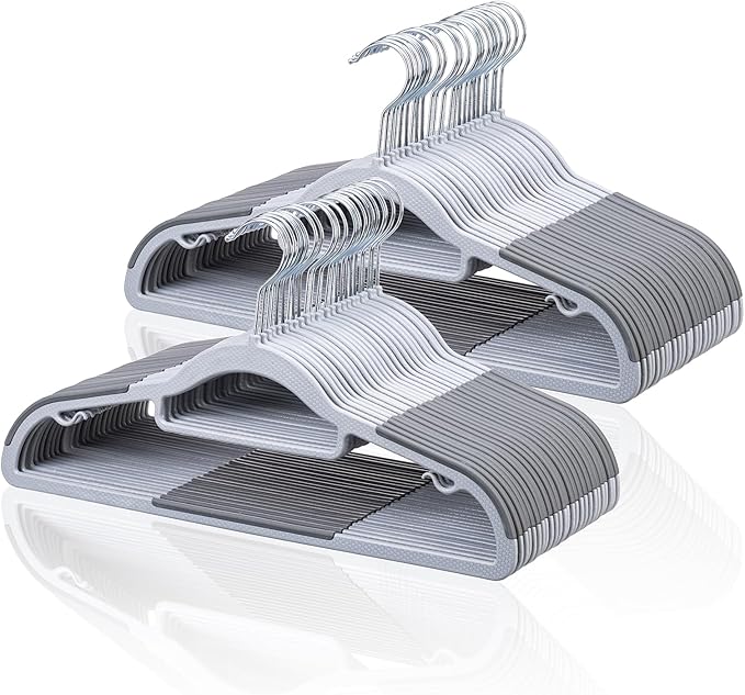 Pack of 50 Coat Hangers, Space-Saving Plastic Clothes Hangers, Non-Slip, 0.2 Inches Slim, 360° Swivel Silver Hook for Shirts, Pants & Wet/Dry Garments, Light and Dark Gray