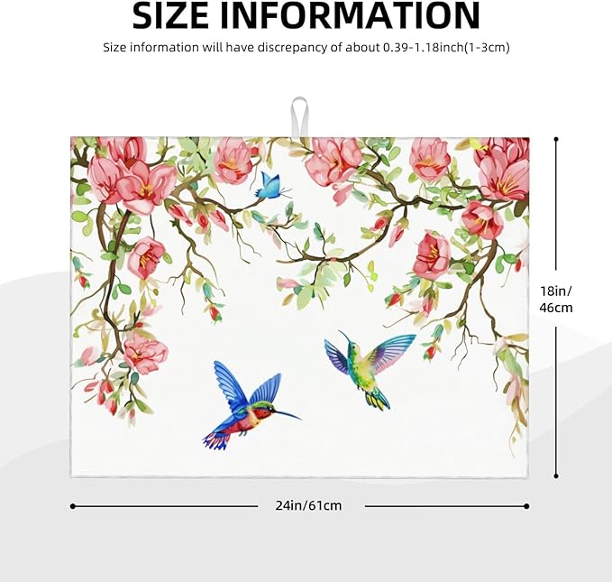 Hummingbird Butterfly Magnolia Dish Drying Mat 18x24 For Kitchen Counter Absorbent Microfiber Dishes Pad Dish Drainer Rack Mats Fast Dry Kitchen Accessories