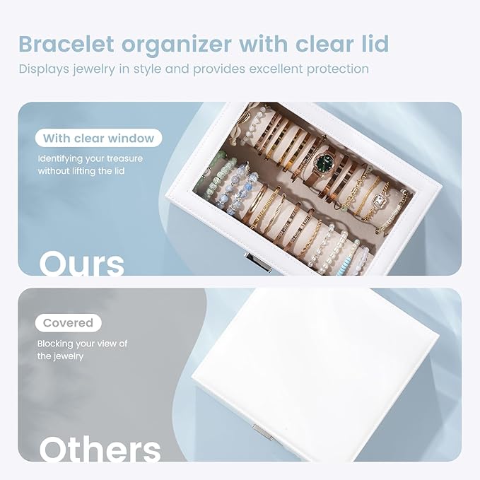 Lolalet Bracelet Display Holder with Rods for Bangles Watches, Clear Lid Jewelry Organizer Box Storage Case for Women Girls -White
