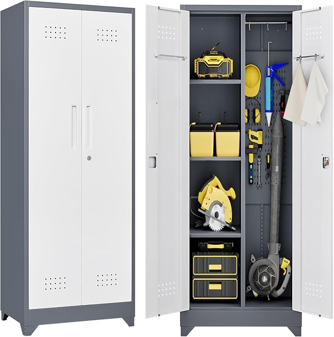 65" H Locking Storage Cabinet,Metal Broom Storage Cabinet with Doors and Adjustable Shelves,Steel Tall Garage Cabinet with Pegboard and Hanging Rod for Home Office,School,Gym,Grey-White