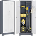 65" H Locking Storage Cabinet,Metal Broom Storage Cabinet with Doors and Adjustable Shelves,Steel Tall Garage Cabinet with Pegboard and Hanging Rod for Home Office,School,Gym,Grey-White