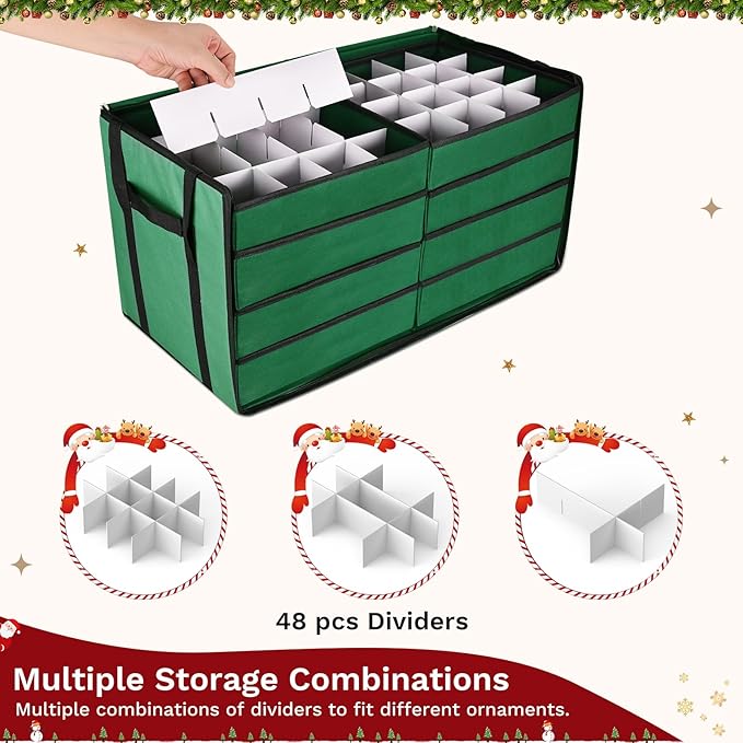 Christmas Ornament Storage Box, Ornament Organizer with 8 Removable Trays and Adjustable Dividers Holds 128 Pcs Decoration Balls, Dual Zipper for Christmas Ornament Storage (Green)