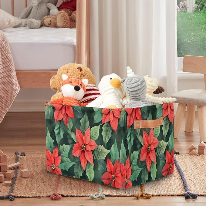 Storage Baskets Bin, Christmas Winter Poinsettia Collapsible Canvas Fabric Storage Bin Decorative Baskets Toy Organizer Rectangle Storage Boxes with Handles for Home Shelves Nursery, J-005