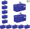 12 Pack-Extra Large Heavy Duty Moving Bags - Waterproof Storage Totes with Handles & Zippers, Foldable for College Dorm, Storage (Blue)