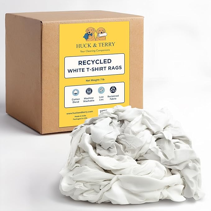 Huck & Terry White T-Shirt Bag of Rags, 100% Recycled Material, Cotton Blend Bar Mop, Reclaimed, Eco-Friendly Cloth, Cleaning & Painting Rags, Lint Free, Highly Absorbent (7 Pound Bag)