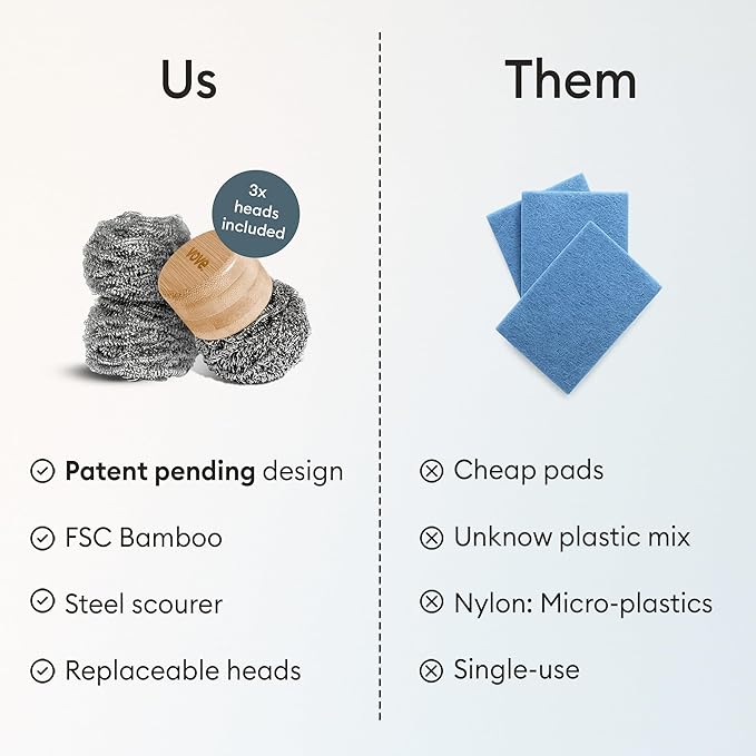 Vove Magnetic Scourer – Rust-Free Stainless Steel Scrubber with FSC-Certified Bamboo Handle, 3 Replacement Pads, for Cast Iron, Pots & Pans, Plastic-Free Zero Waste Cleaner