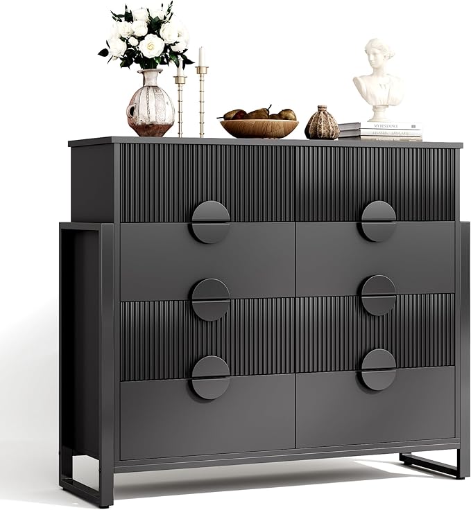 Fluted Dresser for Bedroom with 8 Drawers, 50" Wide Chest of Drawers with Raised H Legs and Curved Profile Design, Wood Closet Clothes Storage Organizer for Bedroom, Hallway, Black