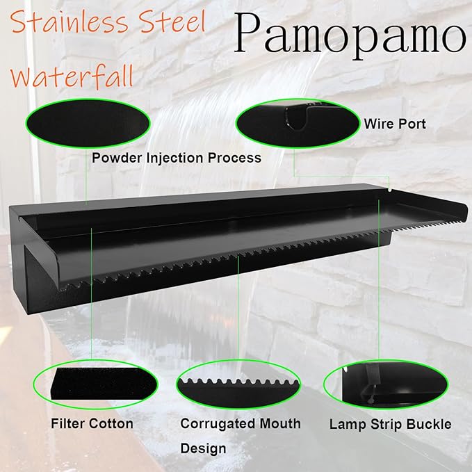Pond Waterfall Spillway Pool Fountain Water Feature, Black Stainless Steel Outdoor Fountains, Swimming Pool Water Flow Waterfalls Kit for Garden Patio Ponds-11.8"x7.8"x3.9"(NO Light)