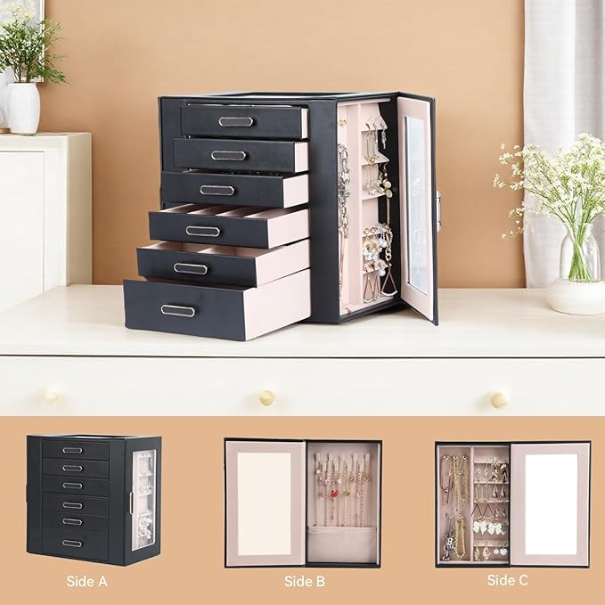 Jewelry Boxes for Women, 6 Layer Jewelry Organizer with Glass Lids, Jewelry Holder Organizer with 5 Drawers and 2 Glass Doors for Jewelry Storage, Big Jewelry Box for Womens Gift (Black)