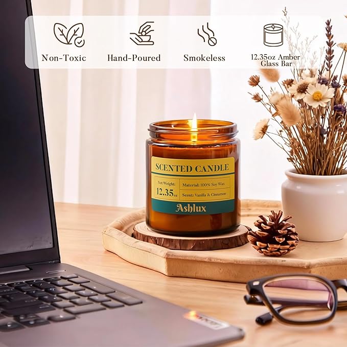 Vanilla and Cinnamon Candle,12.35oz Scented Candles with 8% Essential Oils,70 Hour Burn Time Soy Wax Candles for Home Decor,Reading,Jar Candle Gifts for Women and Men