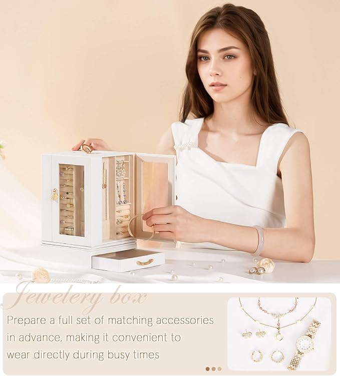 Jewelry Box large for Dresser: Women Necklace Ring Storage Organizer with Compartments - Elegant Earring Holder Display (White)