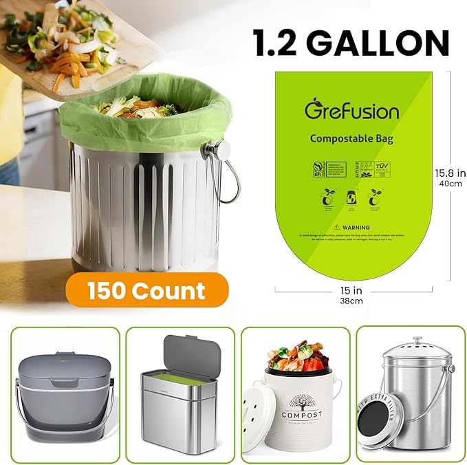 GreFusion Compostable Trash Bags for Kitchen Compost Bin 1.2 Gallon,150 Count,Compost Bags Small for Food Scrap Waste Bags for Countertop Bin Certified by BPI,ASTM D6400 and OK Compost