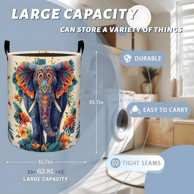 Ornate Elephant with Colorful Flowers Laundry Basket with Handles, 19.7"x15.7" Clothes Foldable Laundry Hamper Organizer for Dorm Nursery Bedroom Bathroom Decor, Toy Storage Bin for Kids