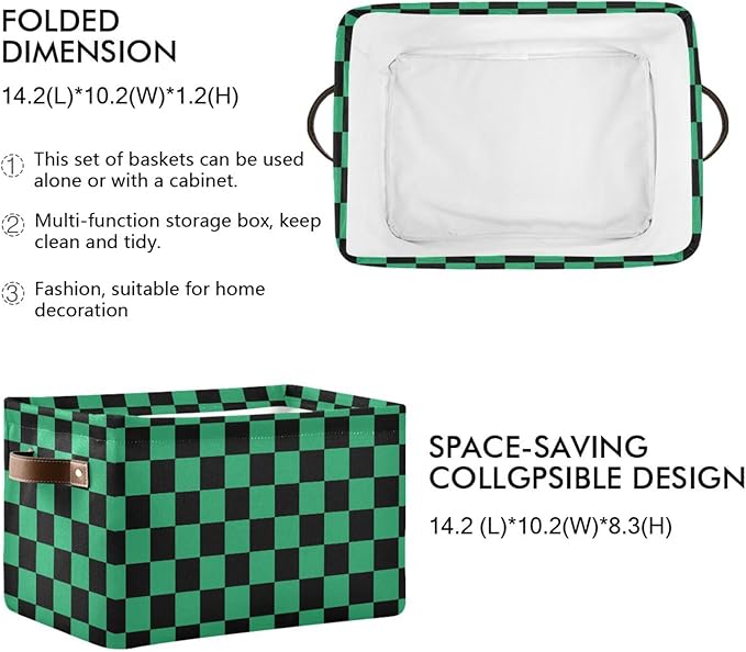 ALAZA Black Green Checkered Foldable Storage Box Storage Basket Organizer Bins with Handles for Shelf Closet Living Room Bedroom Home Office 1 Pack