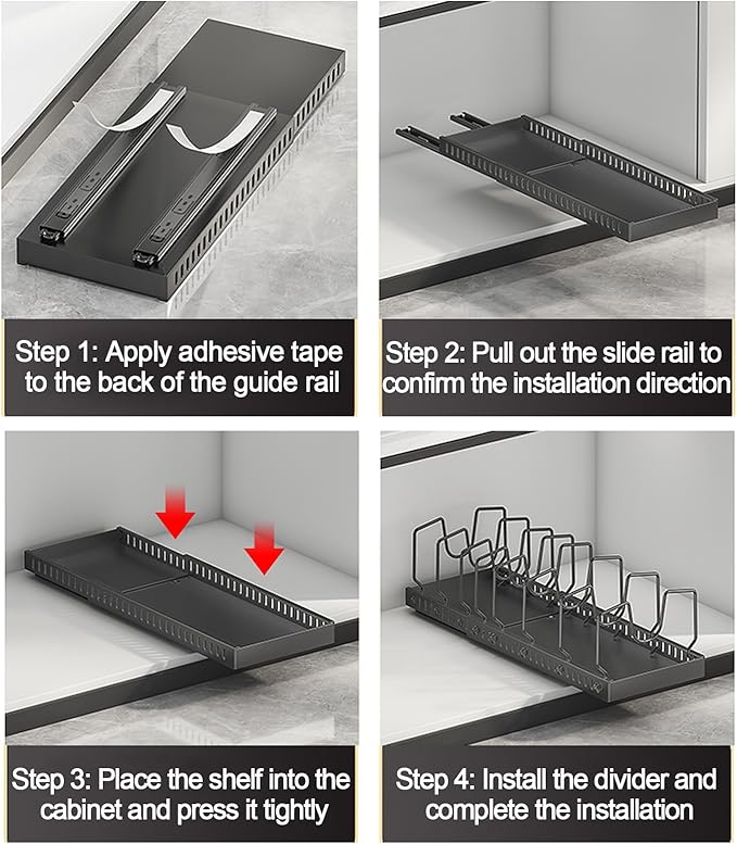 Enskatec 2 Pack Expandable Pots and Pans Organizer Under Cabinet, Sliding Pot Lid Holder and Pan Rack in Kitchen, Pull out Kitchen Cabinet Storage, with 10 Adjustable Dividers