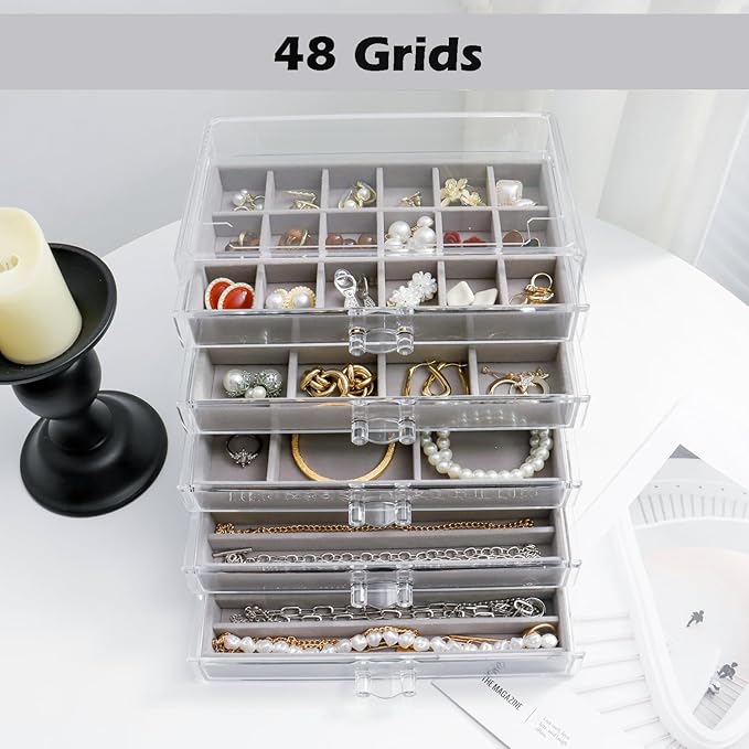 Jewelry Organizer with 5 Drawers Clear Acrylic Earring Display Case Velvet Jewelry Storage Box Display Holder for Earring Ring Bracelet Necklace (Gray, 48 Grids)