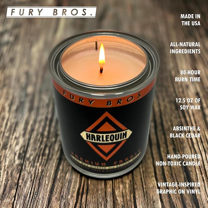 Fury Bros. Scented Candles for Men | Harlequin | Absinthe & Black Cedar | Natural Soy Wax | Hand-Poured in The USA | Long 70-80 Hour Burn (12.5 oz) | Vintage-Inspired Tin Design | Dad Home Gift