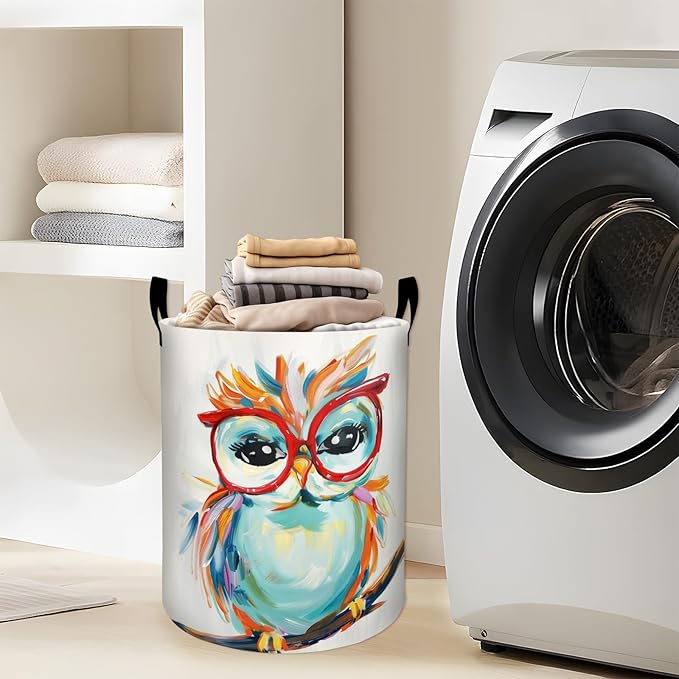 Colorful Owl in Red Glasses Laundry Basket with Handles, 19.7"x15.7" Clothes Foldable Laundry Hamper Organizer for Dorm Nursery Bedroom Bathroom Decor, Toy Storage Bin for Kids