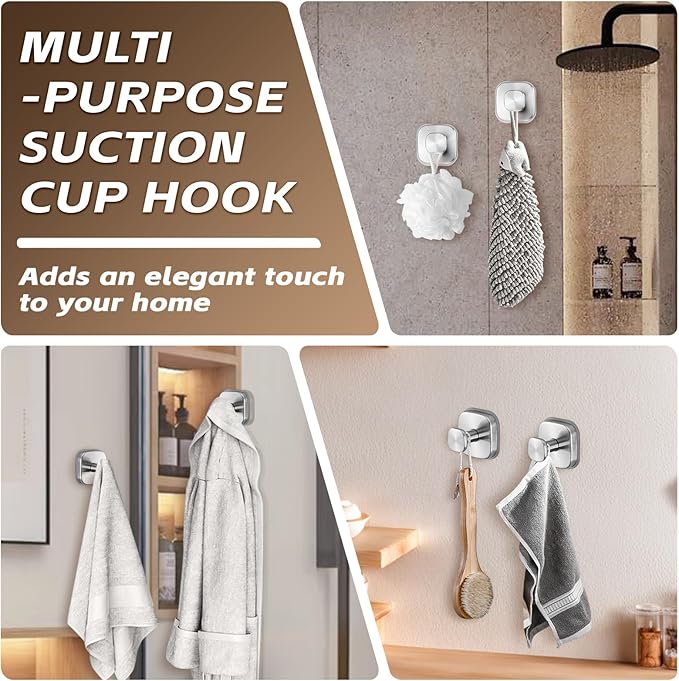 Heavy Duty Reusable Suction Cup Hooks for Kitchen/Bathroom/Shower - Wet-Proof Hooks for Towels, Robes, Loofah&Wreaths/No Drill Mounting on Glass, Tile, Metal (2, Brushed Nickel)