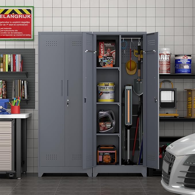 65" H Metal Garage Storage Cabinet,Broom Closet Storage Cabinet with Adjust Shelves,Utility Cabinet,Utility Closet for Garage,Gray-White