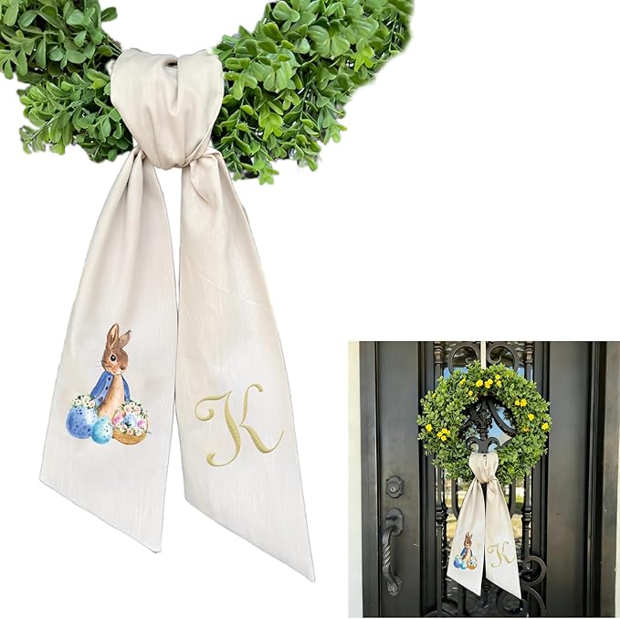 Rabbit Easter Wreath Bow Custom Embroidered Monogram Spring Bunny Wreath Sash for Front Door Hand Tailored Easter Decorations Spring Bows for Wreaths (K)