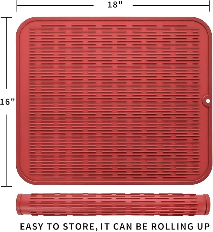 MicoYang Silicone Dish Drying Mat for Multiple Usage,Easy clean,Eco-friendly,Heat-resistant Silicone Mat for Kitchen Counter or Sink,Refrigerator or Drawer Liner Red XL 18 inches x 16 inches