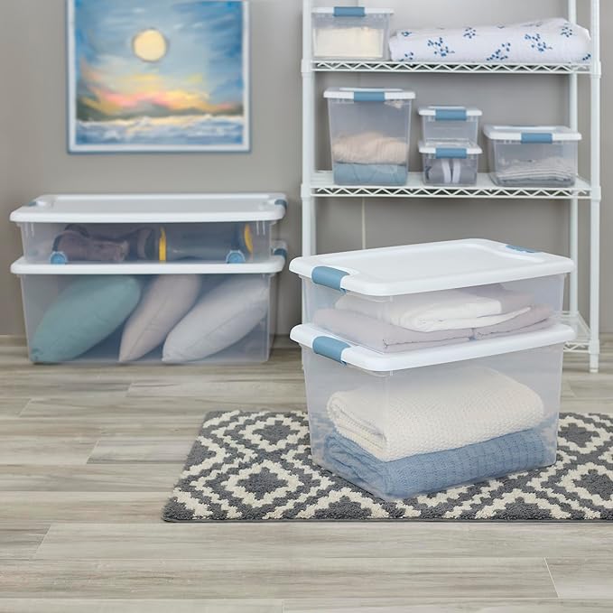Sterilite 20-Pack Latching Box, Under Bed Storage Bins with Lids, Clear Plastic, 106 Quart - Heavy-Duty Organizing Containers for Closet, Bathroom, and Office