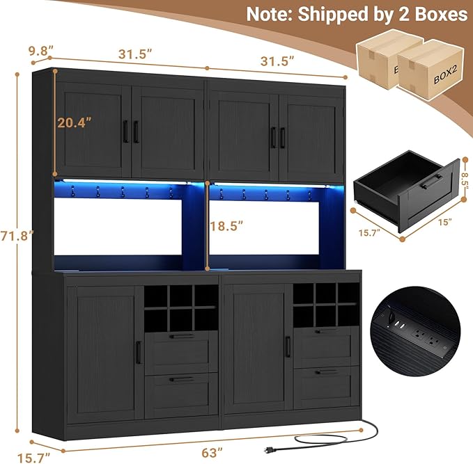 Unikito 72" Tall Pantry Cabinet, Kitchen Pantry Storage Cabinet with LED Light & Outlet, 63" Wide Kitchen Hutch Bar with Microwave Stand, Drawers, Wine Rack & Shelves, Cupboard for Dining Room, White