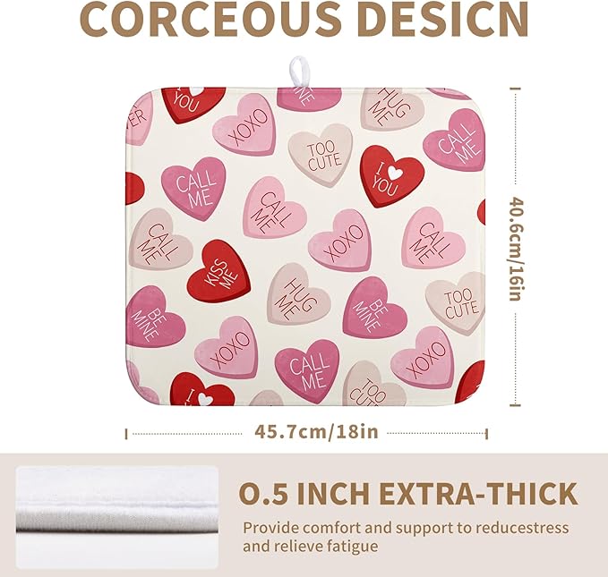 Wnoesat Valentine Love Heart Dish Drying Mat for Kitchen Counter 18x24 Inch Valentines Day Dish Mats Absorbent Microfiber Dish Draining Mat Reversible Dish Drying Rack Mat with Hanging Loop