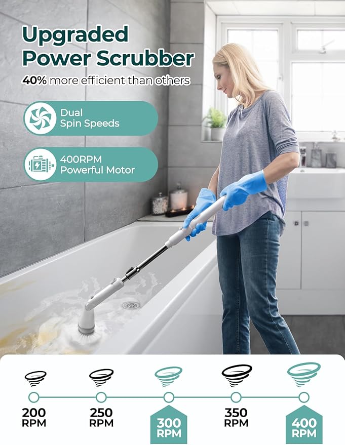 Sweepulire Electric Spin Scrubber for Cleaning, Shower Scrubber with Long Handle, 2 Spin Speeds, Bathroom Scrubber with 8 Replacement Heads, Bath Tub Cleaner Brush for Floor, Tub, Shower, Tile