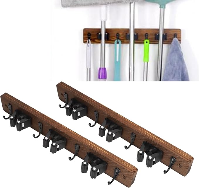 2Pcs Broom Holder, 15.7 X 2.2in Wall Mounted Mop and Broom Hanger, Garage Storage Rack with 3 Positions and 4 Hooks for Bathroom Laundry Room