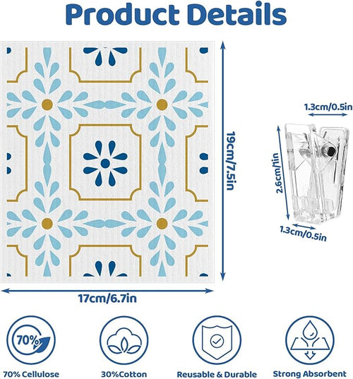 6 Pack Swedish Dishcloths for Kitchen,Swedish Rags Dish Towels with Clips, Reusable Paper Towels Washable Absorbent Cellulose Sponge Cloths for Cleaning Home Kitchen Valentines Gifts for Women