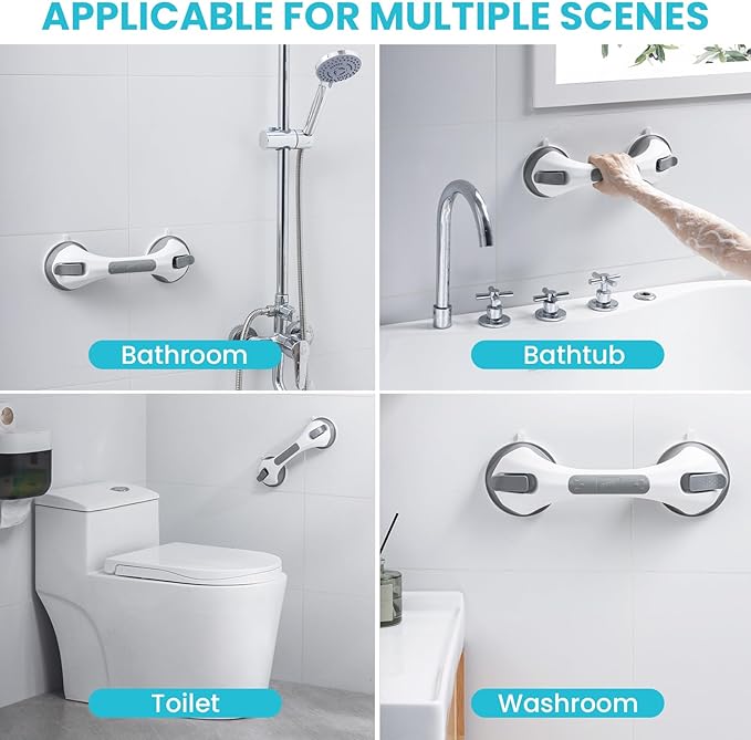 TAILI Shower Grab Bar, 12 Inch Shower Handle for Bathtubs and Elderly, Suction Grab Bars for Seniors Bathroom Safety Handles for Elderly, No Drilling Removable,Grey