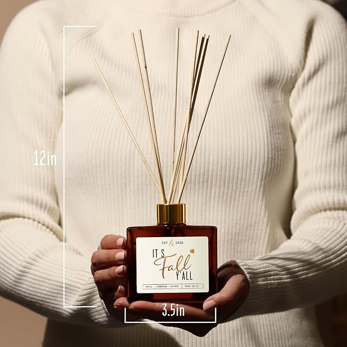 Fall Reed Diffusers for Home Set, Fall Diffuser -It's Fall Y'all! w/Apple, Cinnamon & Nutmeg I Infused w/Essential Oils I Fall Smells for House I 5.75 OZ Oil Scent Lasts 4-6 Month's, Made in The USA