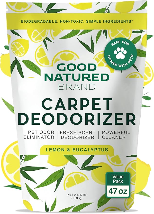 Good Natured Brand | Carpet Deodorizer & Freshener Powder | 47 oz Pet Odor Eliminator for Strong Odor & Pet Urine | Fresh Natural Lemon & Eucalyptus Scent | Safe for Homes with Pets