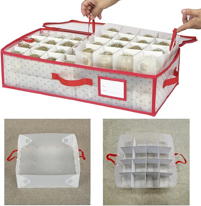 Sattiyrch Plastic Christmas Ornament Storage Box with Trays,Customizable Dividers, Dust-Proof Durable Ornament Organizer Holder,Christmas Storage Containers,Holds 64 x 3 Ornaments,Underbed