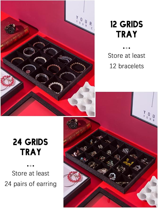 Julysky 5 Pcs/set Stackable Jewelry Organizer Trays with Glass Lid,100 Slots Ring Holder,Bracelet Displays Stand for Selling Necklace Earring Rack